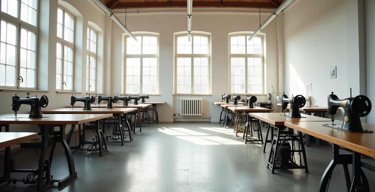 Vue d'ensemble d'un atelier de confection textile français épuré avec machines traditionnelles
