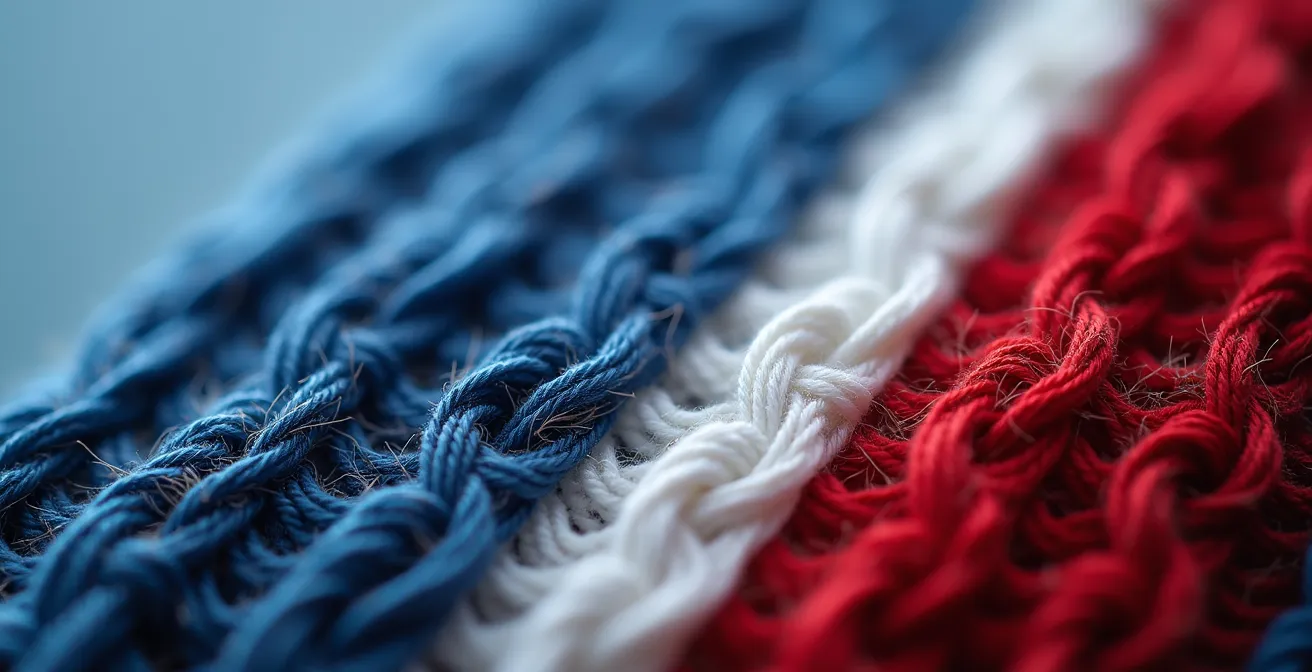 Détail macro d'une maille tricolore montrant la texture du coton et l'entrelacement des fils