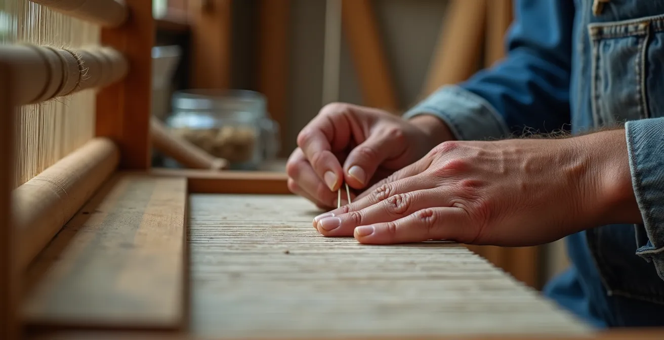 Mains d'artisan travaillant sur un métier à tisser traditionnel français