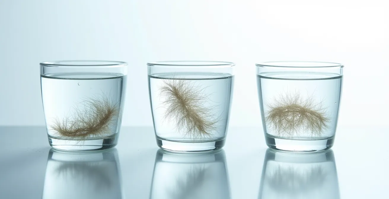 Test de porosité capillaire avec verre d'eau montrant différentes positions de cheveux