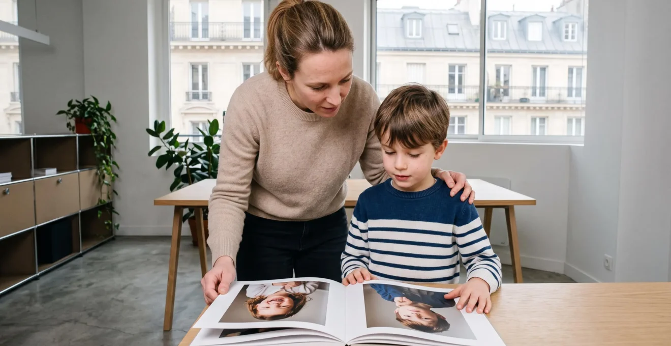 Un enfant et son parent debout côte à côte consultent ensemble un book photo professionnel ouvert montrant des portraits d'enfant, dans un bureau d'agence parisienne lumineux et moderne