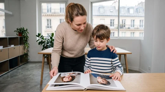 Un enfant et son parent debout côte à côte consultent ensemble un book photo professionnel ouvert montrant des portraits d'enfant, dans un bureau d'agence parisienne lumineux et moderne