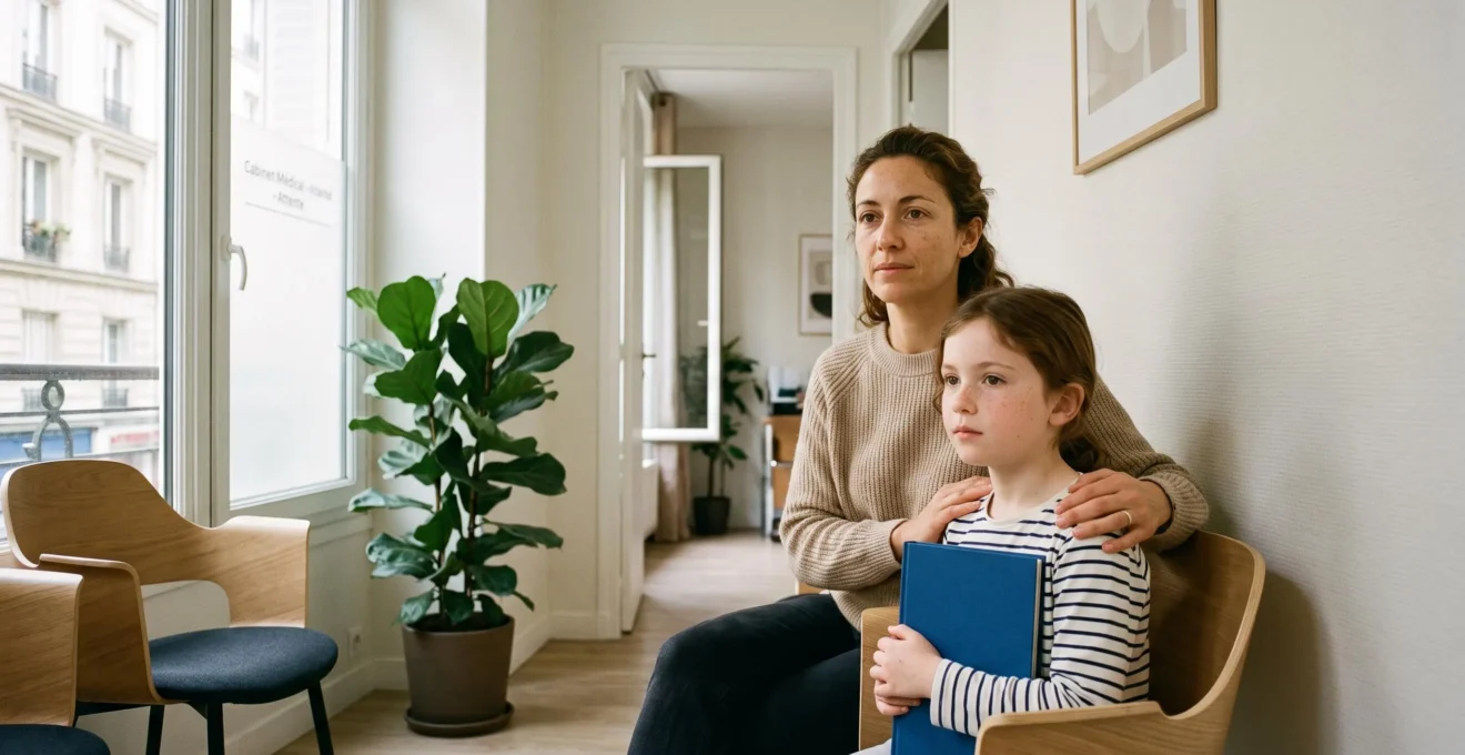 Un enfant et son parent assis côte à côte dans une salle d'attente lumineuse de locaux professionnels parisiens, l'enfant tenant un book photo, le parent posant une main rassurante sur son épaule