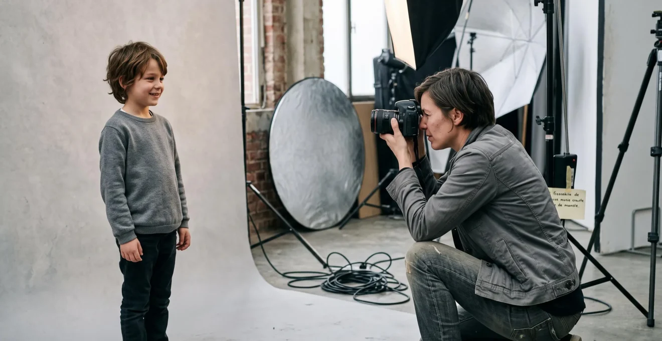 Photographe professionnel accroupi avec appareil reflex photographiant un enfant debout dans un studio photo avec fond neutre et équipement d'éclairage